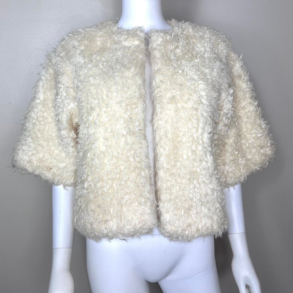 Vintage 1960s Cropped Cream Faux Fur Coat, Country Set Size Medium